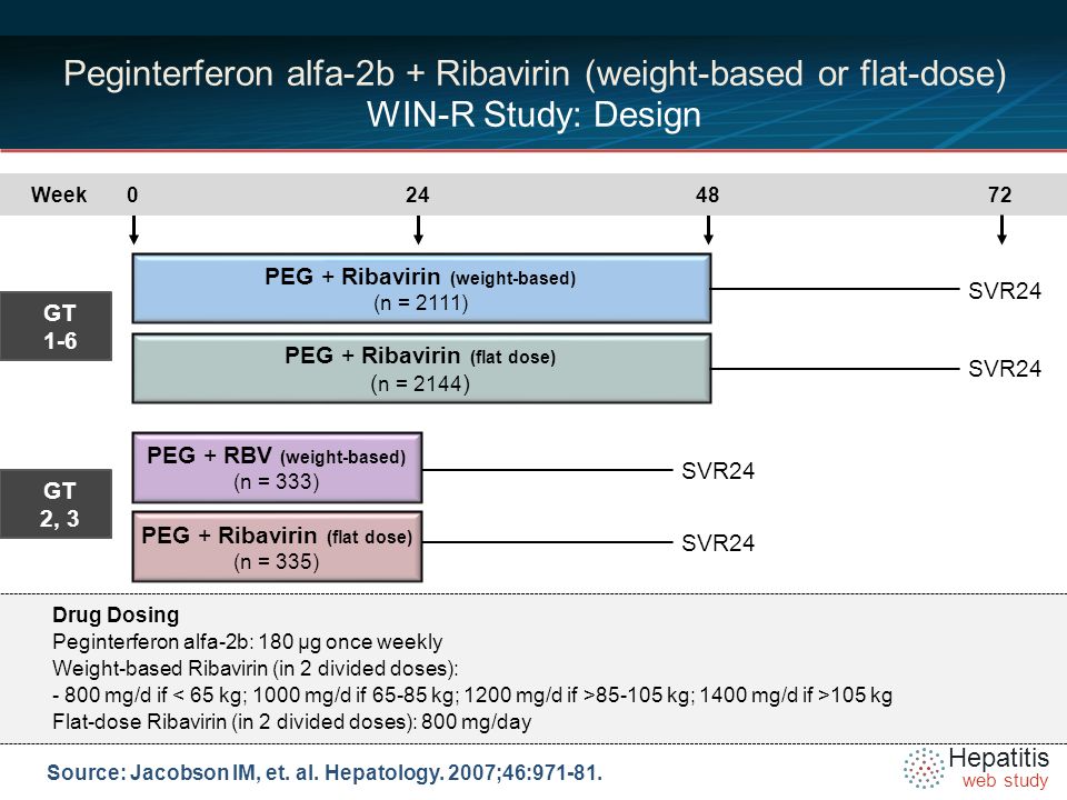 Hepatitis web study PEG + Ribavirin (weight-based) (n = 2111) PEG + RBV (weight-based) (n = 333) 48720Week24 Source: Jacobson IM, et.