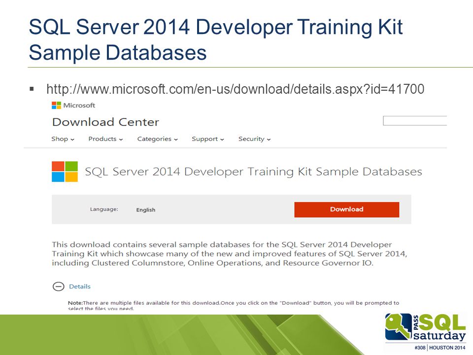 SQL Server 2014 Developer Training Kit Sample Databases    id=41700