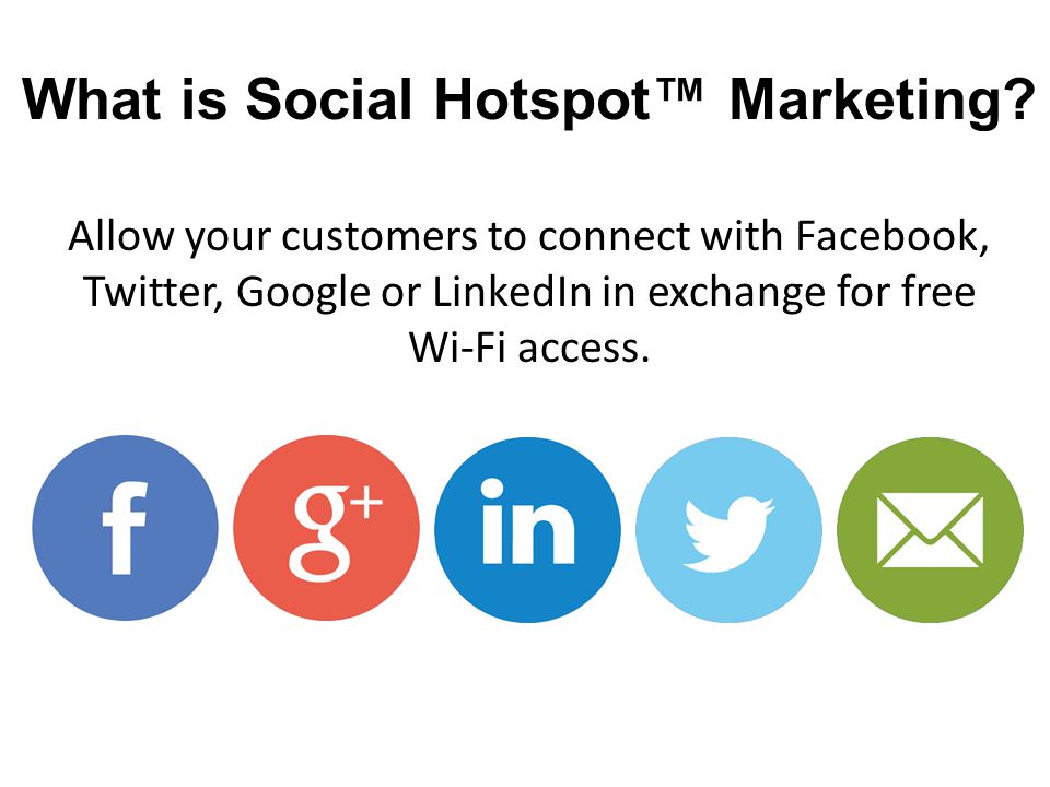 Allow your customers to connect with Facebook, Twitter, Google or LinkedIn in exchange for free Wi-Fi access.