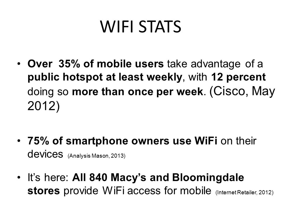 WIFI STATS Over 35% of mobile users take advantage of a public hotspot at least weekly, with 12 percent doing so more than once per week.