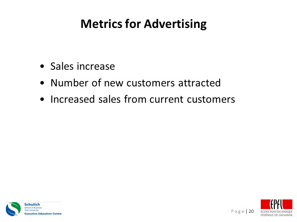 P a g e | 20 Metrics for Advertising Sales increase Number of new customers attracted Increased sales from current customers