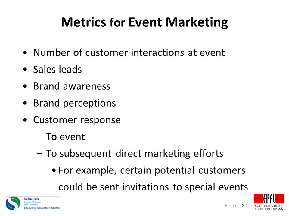 P a g e | 22 Metrics for Event Marketing Number of customer interactions at event Sales leads Brand awareness Brand perceptions Customer response –To event –To subsequent direct marketing efforts For example, certain potential customers could be sent invitations to special events