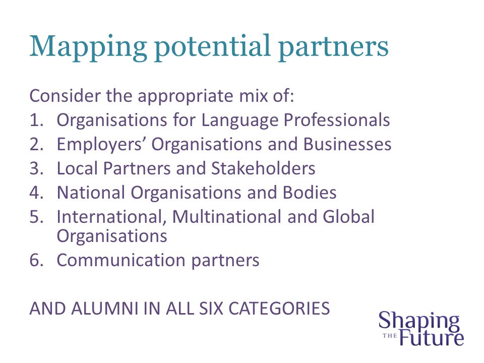 Mapping potential partners Consider the appropriate mix of: 1.Organisations for Language Professionals 2.Employers’ Organisations and Businesses 3.Local Partners and Stakeholders 4.National Organisations and Bodies 5.International, Multinational and Global Organisations 6.Communication partners AND ALUMNI IN ALL SIX CATEGORIES