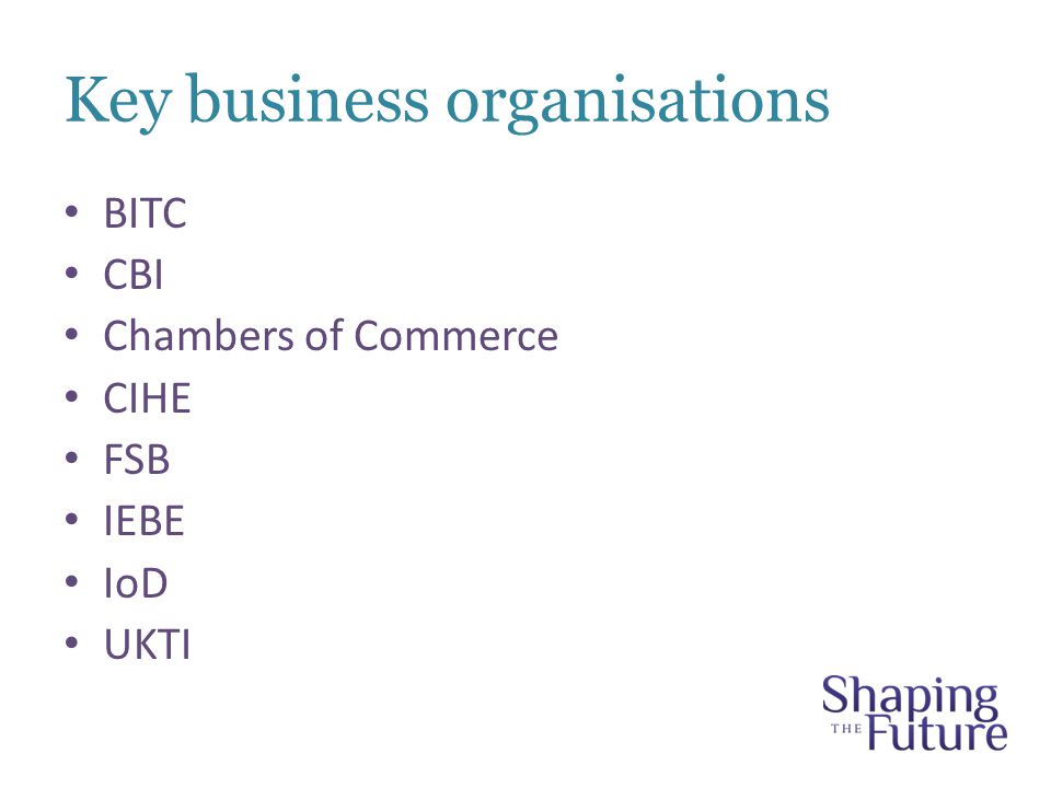 Key business organisations BITC CBI Chambers of Commerce CIHE FSB IEBE IoD UKTI