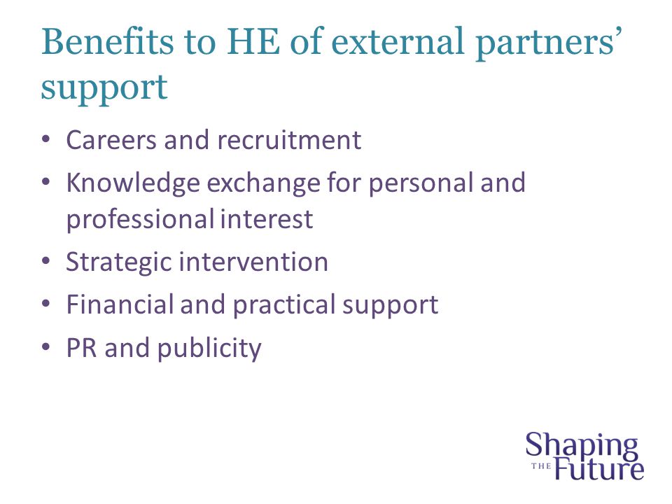 Benefits to HE of external partners’ support Careers and recruitment Knowledge exchange for personal and professional interest Strategic intervention Financial and practical support PR and publicity