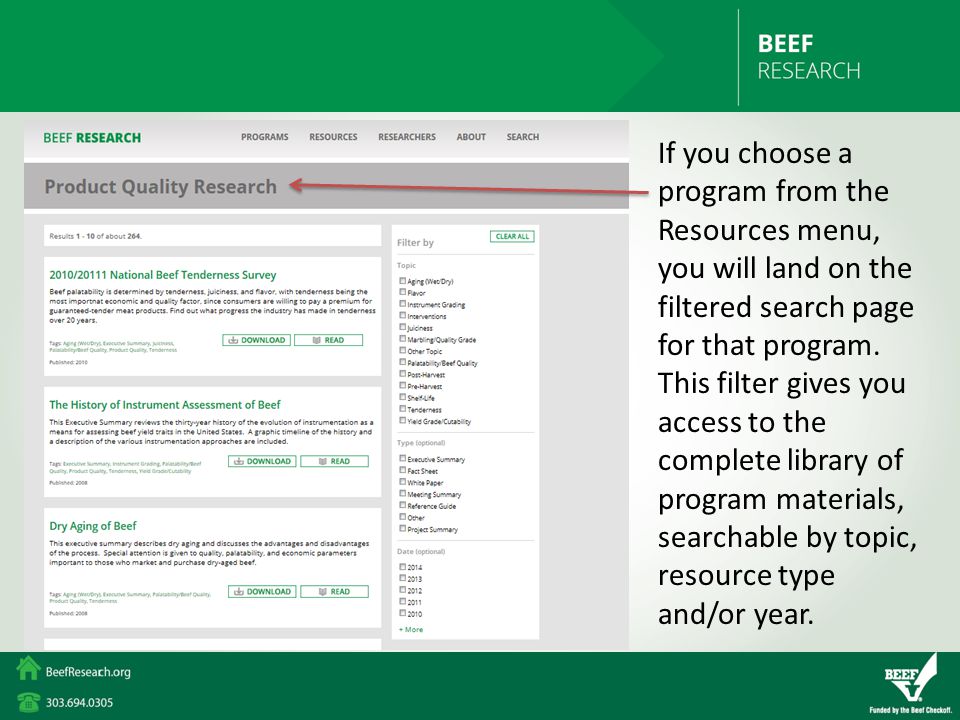 If you choose a program from the Resources menu, you will land on the filtered search page for that program.