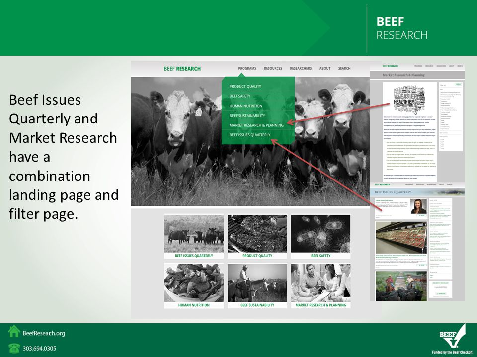Beef Issues Quarterly and Market Research have a combination landing page and filter page.