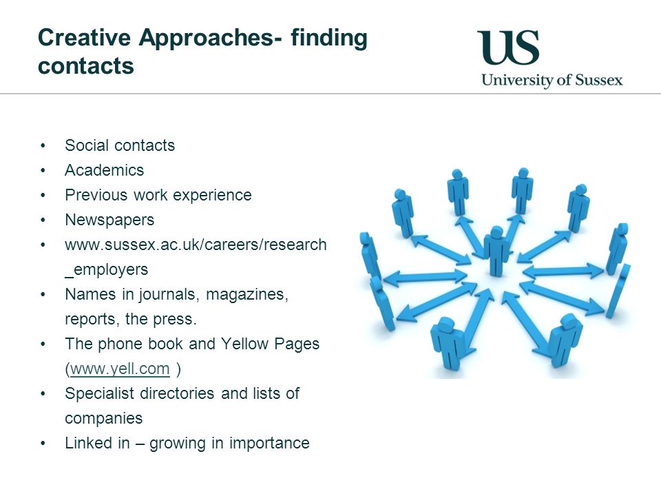 Creative Approaches- finding contacts Social contacts Academics Previous work experience Newspapers   _employers Names in journals, magazines, reports, the press.