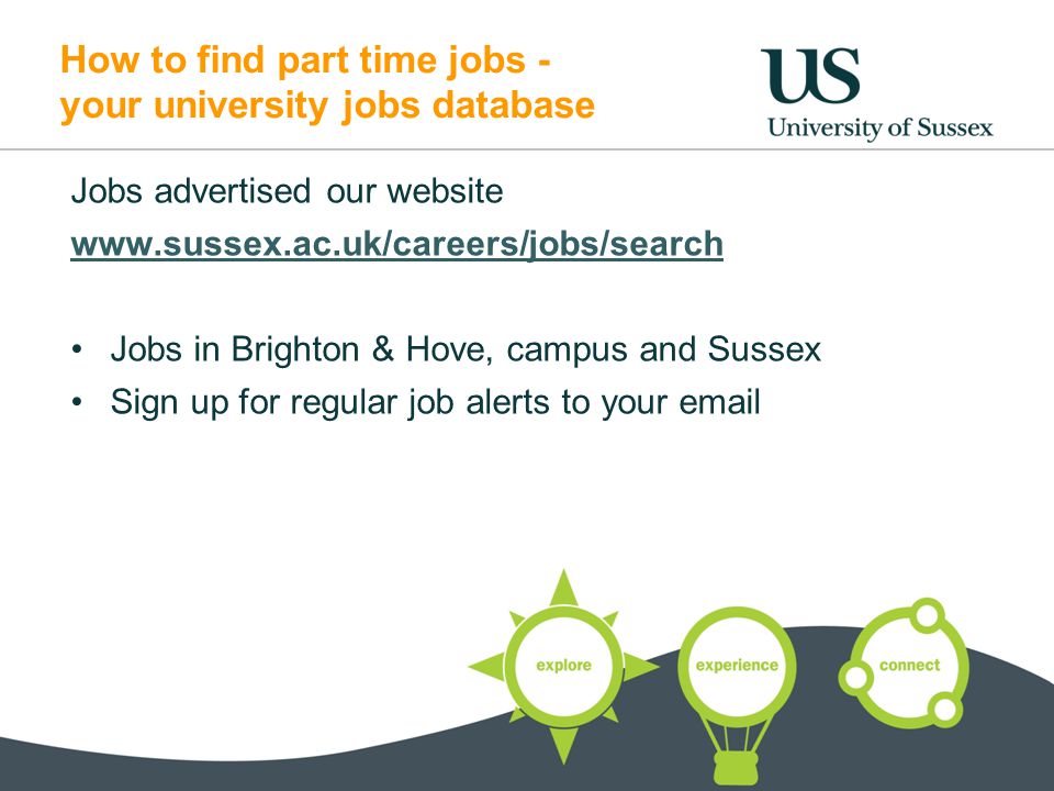 How to find part time jobs - your university jobs database Jobs advertised our website   Jobs in Brighton & Hove, campus and Sussex Sign up for regular job alerts to your