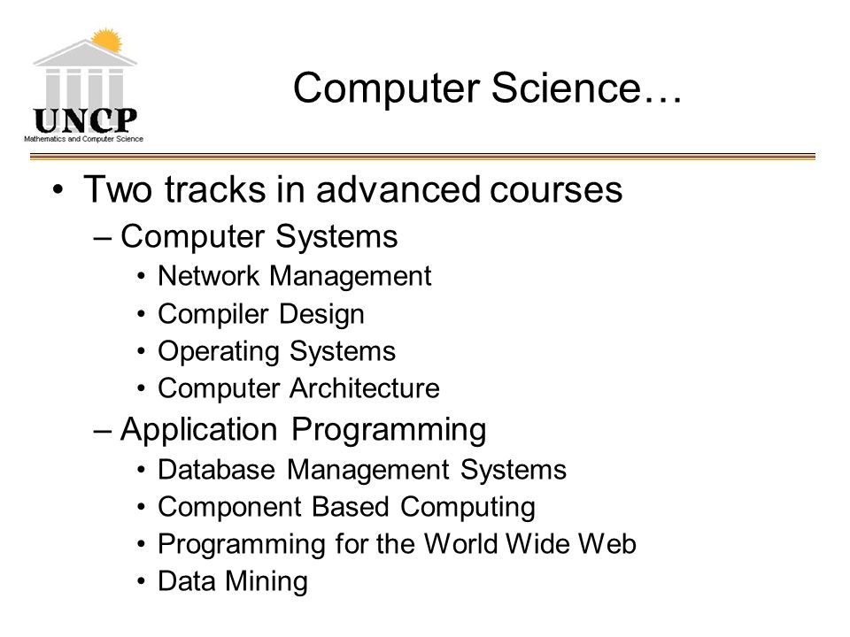 Computer Science… Two tracks in advanced courses –Computer Systems Network Management Compiler Design Operating Systems Computer Architecture –Application Programming Database Management Systems Component Based Computing Programming for the World Wide Web Data Mining