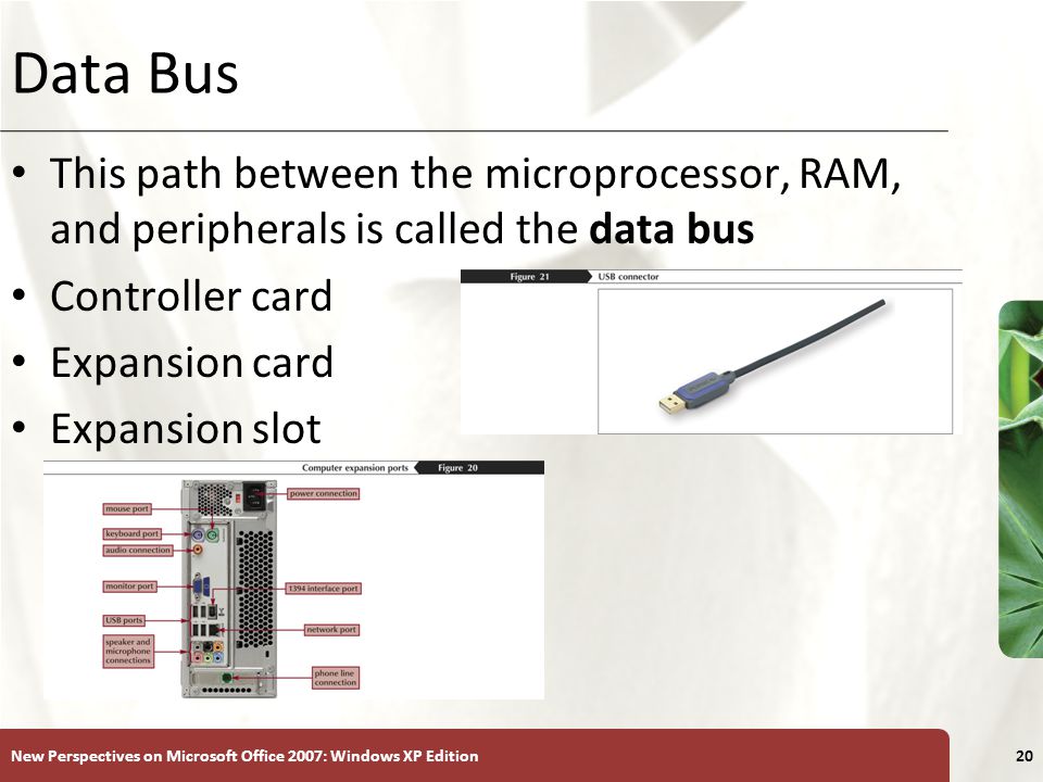 XP New Perspectives on Microsoft Office 2007: Windows XP Edition20 Data Bus This path between the microprocessor, RAM, and peripherals is called the data bus Controller card Expansion card Expansion slot