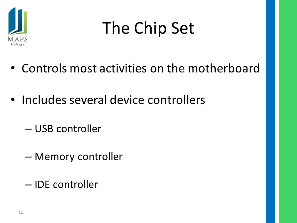 14 The Chip Set Controls most activities on the motherboard Includes several device controllers – USB controller – Memory controller – IDE controller