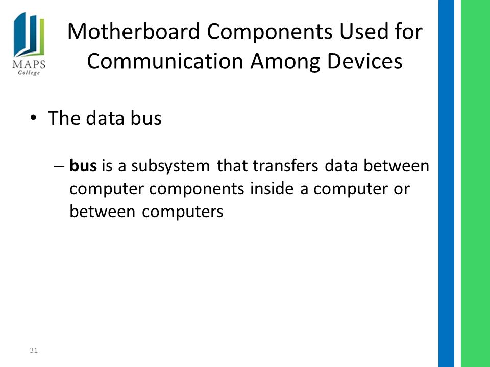 31 Motherboard Components Used for Communication Among Devices The data bus – bus is a subsystem that transfers data between computer components inside a computer or between computers