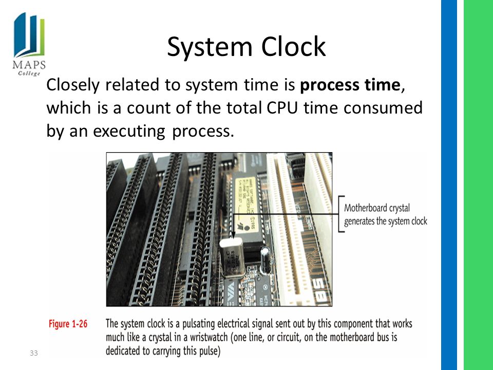 33 System Clock Closely related to system time is process time, which is a count of the total CPU time consumed by an executing process.