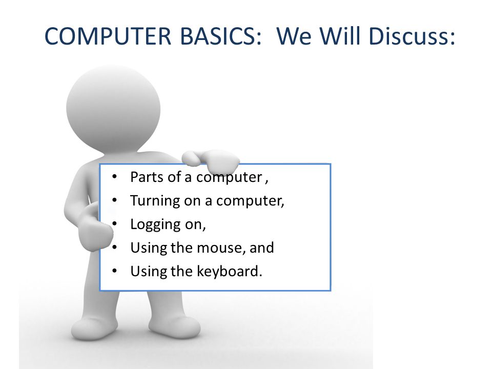 Parts of a computer, Turning on a computer, Logging on, Using the mouse, and Using the keyboard.