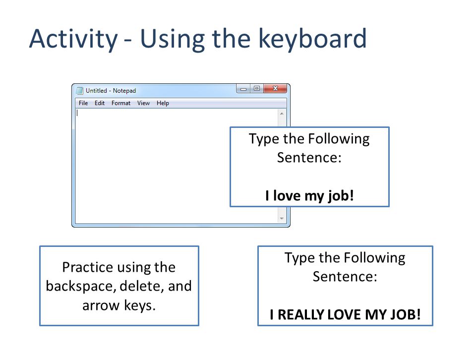 Activity - Using the keyboard Type the Following Sentence: I love my job.