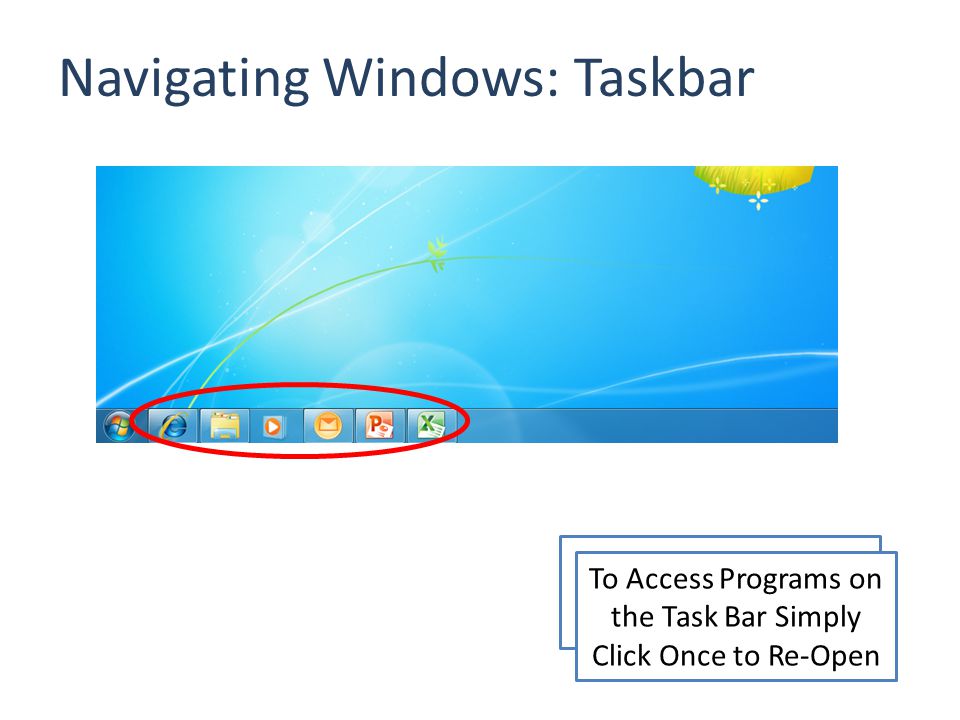 Navigating Windows: Taskbar Taskbar Shows the Open Program.