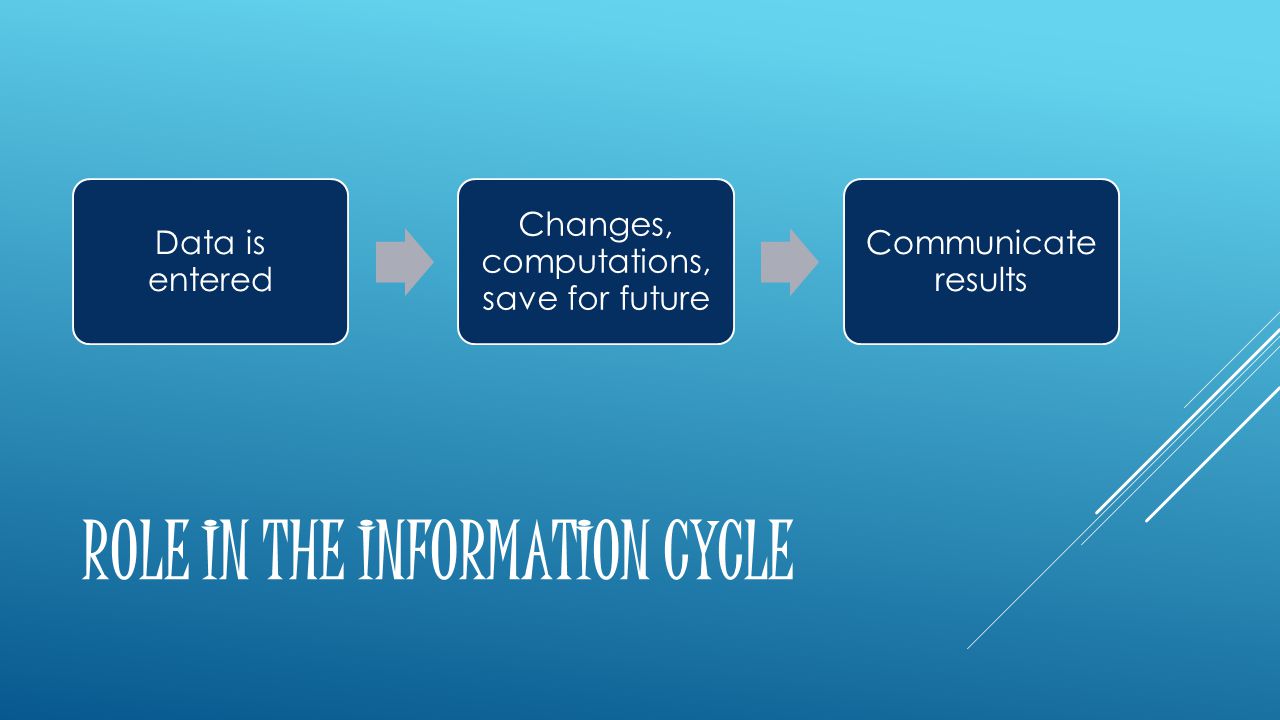 ROLE IN THE INFORMATION CYCLE Data is entered Changes, computations, save for future Communicate results