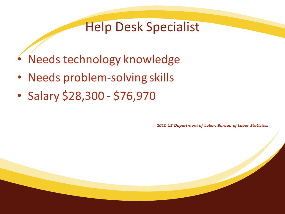 Help Desk Specialist Needs technology knowledge Needs problem-solving skills Salary $28,300 - $76, US Department of Labor, Bureau of Labor Statistics