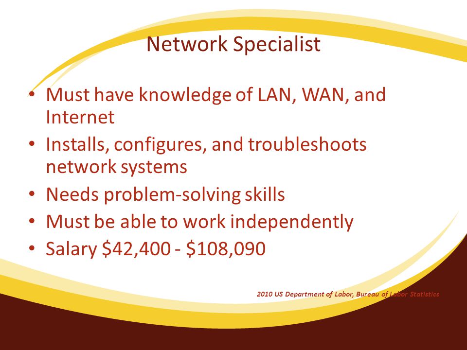 Network Specialist Must have knowledge of LAN, WAN, and Internet Installs, configures, and troubleshoots network systems Needs problem-solving skills Must be able to work independently Salary $42,400 - $108, US Department of Labor, Bureau of Labor Statistics