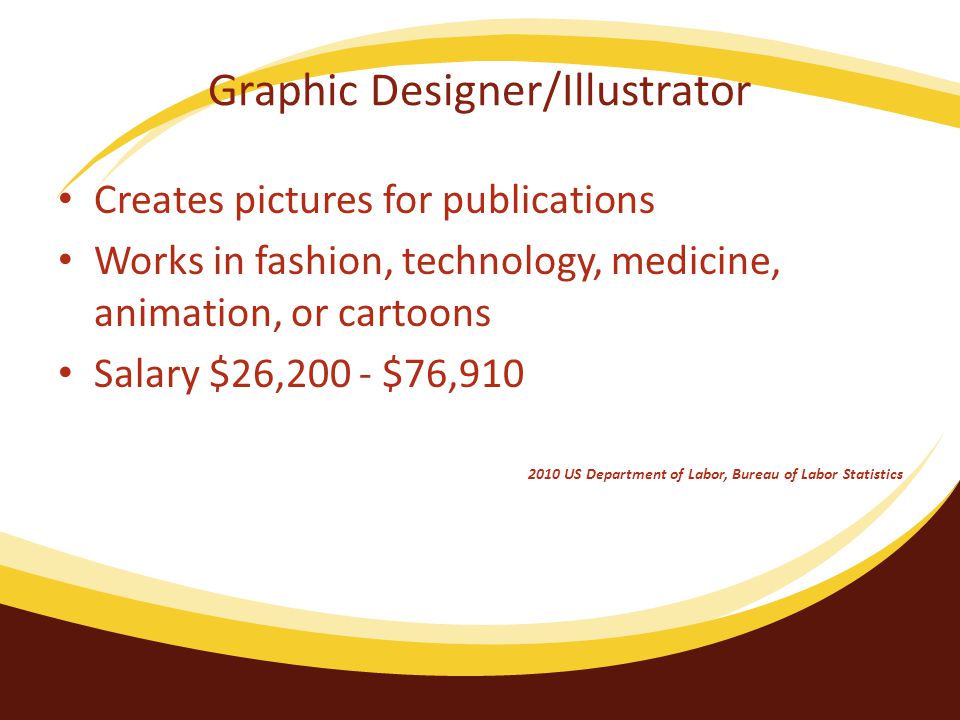 Graphic Designer/Illustrator Creates pictures for publications Works in fashion, technology, medicine, animation, or cartoons Salary $26,200 - $76, US Department of Labor, Bureau of Labor Statistics