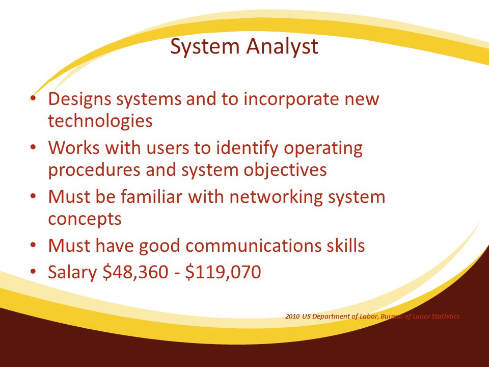 System Analyst Designs systems and to incorporate new technologies Works with users to identify operating procedures and system objectives Must be familiar with networking system concepts Must have good communications skills Salary $48,360 - $119, US Department of Labor, Bureau of Labor Statistics