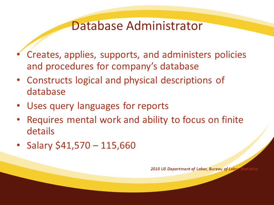 Database Administrator Creates, applies, supports, and administers policies and procedures for company’s database Constructs logical and physical descriptions of database Uses query languages for reports Requires mental work and ability to focus on finite details Salary $41,570 – 115, US Department of Labor, Bureau of Labor Statistics