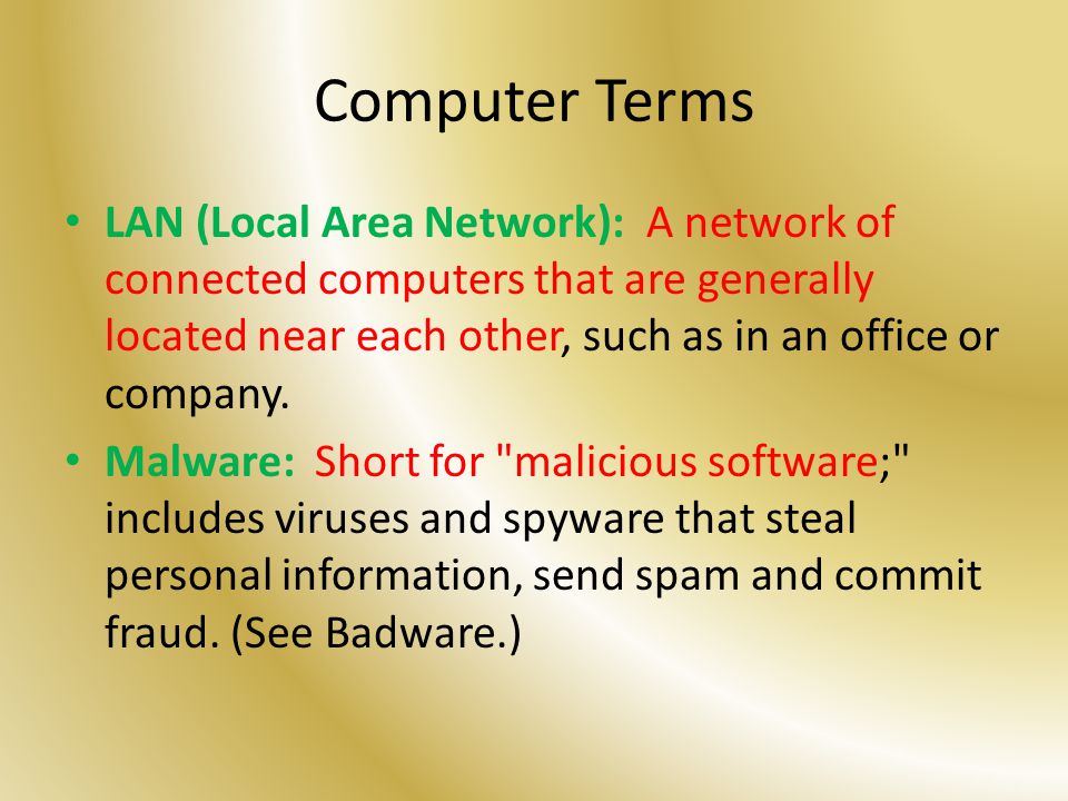 Computer Terms LAN (Local Area Network): A network of connected computers that are generally located near each other, such as in an office or company.
