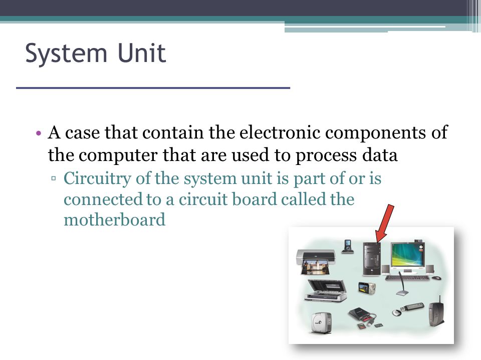 System Unit A case that contain the electronic components of the computer that are used to process data ▫Circuitry of the system unit is part of or is connected to a circuit board called the motherboard