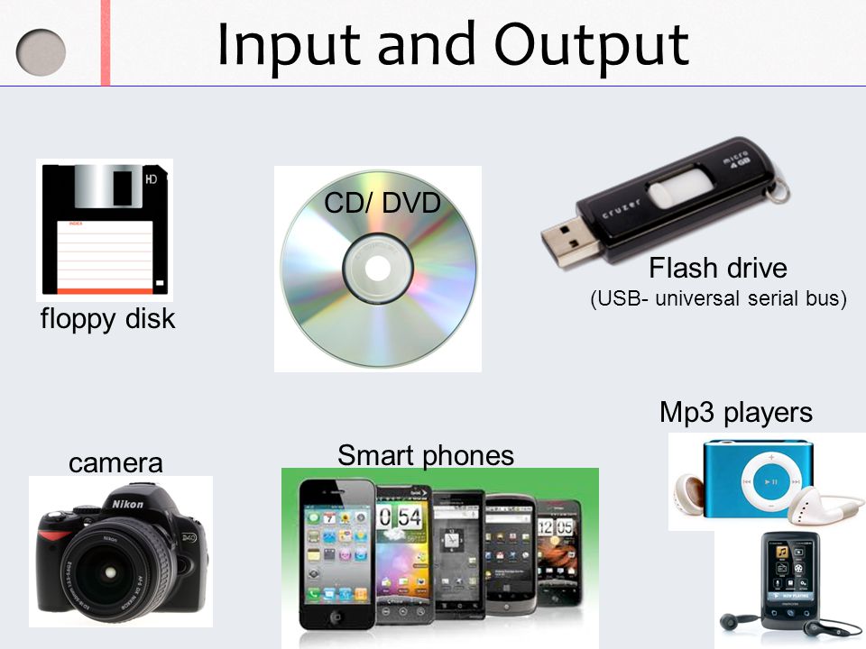 Input and Output floppy disk Flash drive (USB- universal serial bus) CD/ DVD camera Smart phones Mp3 players