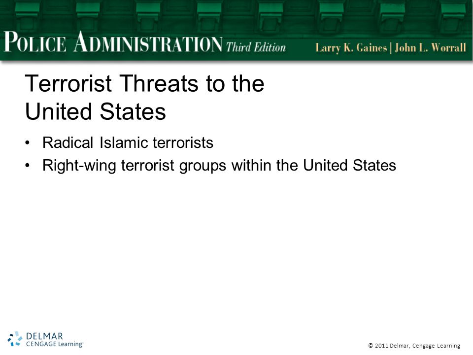© 2011 Delmar, Cengage Learning Terrorist Threats to the United States Radical Islamic terrorists Right-wing terrorist groups within the United States