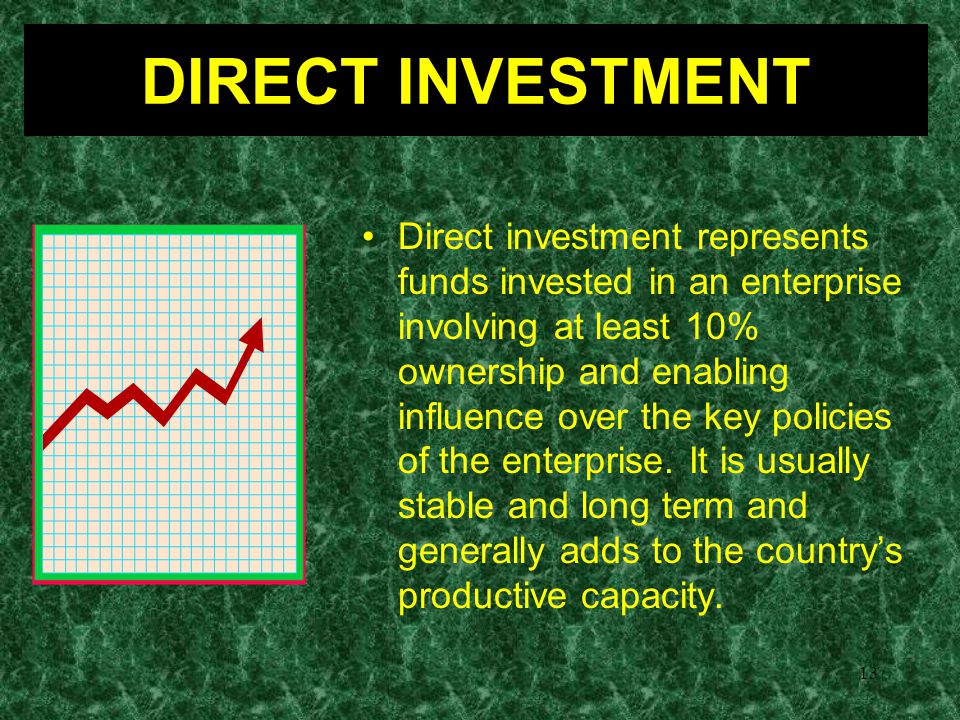 13 Direct investment represents funds invested in an enterprise involving at least 10% ownership and enabling influence over the key policies of the enterprise.