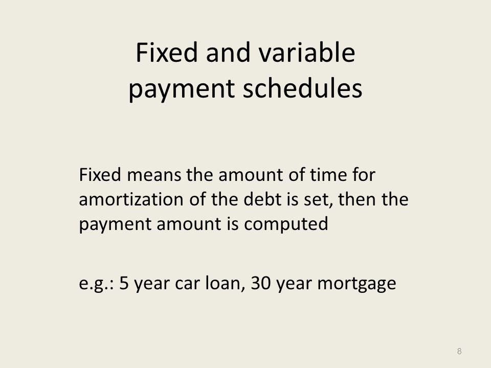 Fixed and variable payment schedules Fixed means the amount of time for amortization of the debt is set, then the payment amount is computed e.g.: 5 year car loan, 30 year mortgage 8