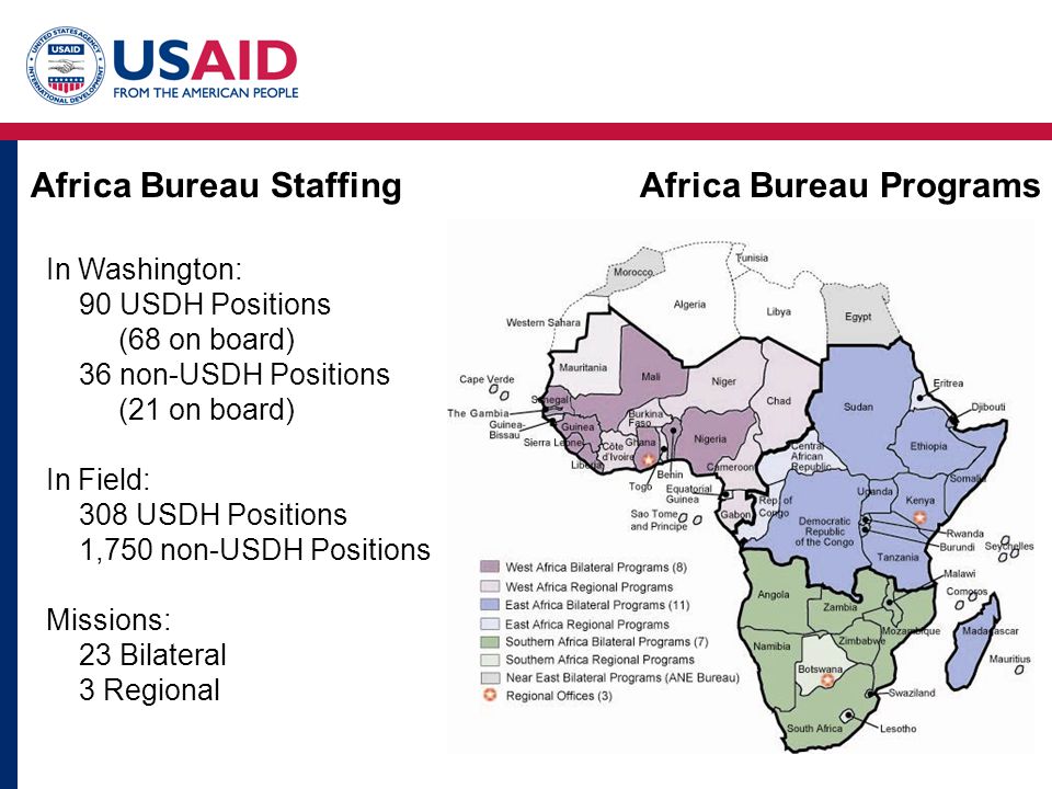 3 Africa Bureau Programs In Washington: 90 USDH Positions (68 on board) 36 non-USDH Positions (21 on board) In Field: 308 USDH Positions 1,750 non-USDH Positions Missions: 23 Bilateral 3 Regional Africa Bureau Staffing