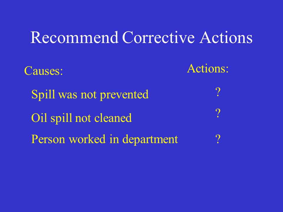 Recommend Corrective Actions Causes: Actions: Spill was not prevented Oil spill not cleaned Person worked in department .
