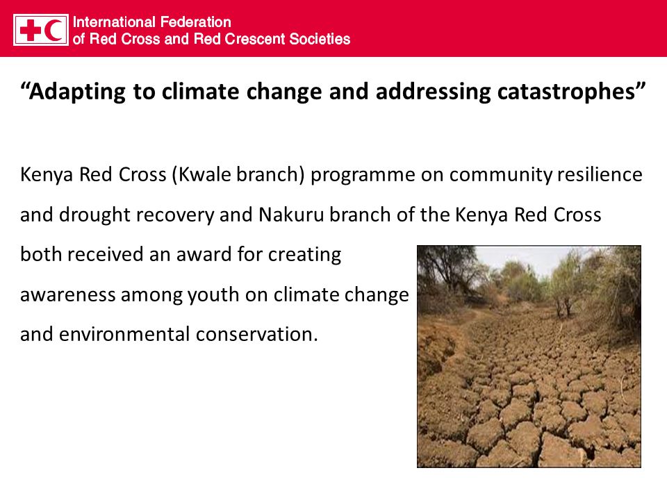 Adapting to climate change and addressing catastrophes Kenya Red Cross (Kwale branch) programme on community resilience and drought recovery and Nakuru branch of the Kenya Red Cross both received an award for creating awareness among youth on climate change and environmental conservation.