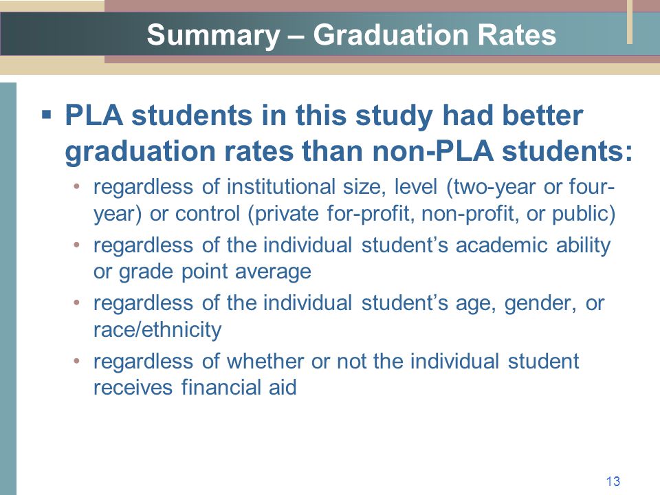 Summary – Graduation Rates  PLA students in this study had better graduation rates than non-PLA students: regardless of institutional size, level (two-year or four- year) or control (private for-profit, non-profit, or public) regardless of the individual student’s academic ability or grade point average regardless of the individual student’s age, gender, or race/ethnicity regardless of whether or not the individual student receives financial aid 13