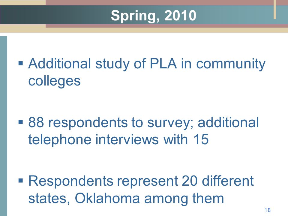 Spring, 2010  Additional study of PLA in community colleges  88 respondents to survey; additional telephone interviews with 15  Respondents represent 20 different states, Oklahoma among them 18