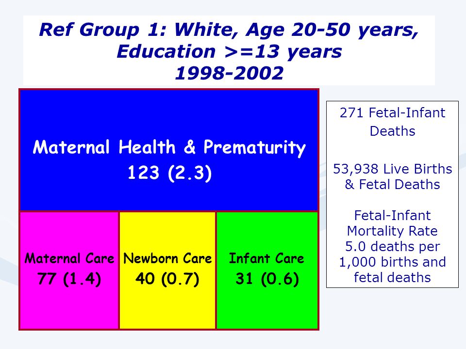 Ref Group 1: White, Age years, Education >=13 years Maternal Health & Prematurity 123 (2.3) Maternal Care 77 (1.4) Newborn Care 40 (0.7) Infant Care 31 (0.6) 271 Fetal-Infant Deaths 53,938 Live Births & Fetal Deaths Fetal-Infant Mortality Rate 5.0 deaths per 1,000 births and fetal deaths