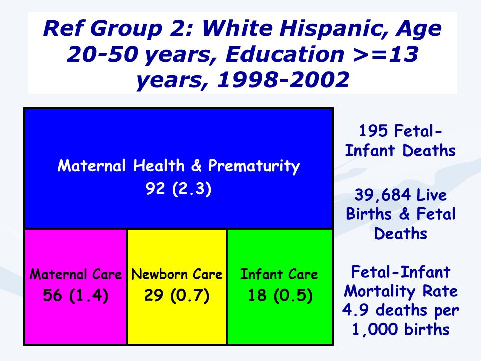 Ref Group 2: White Hispanic, Age years, Education >=13 years, Maternal Health & Prematurity 92 (2.3) Maternal Care 56 (1.4) Newborn Care 29 (0.7) Infant Care 18 (0.5) 195 Fetal- Infant Deaths 39,684 Live Births & Fetal Deaths Fetal-Infant Mortality Rate 4.9 deaths per 1,000 births