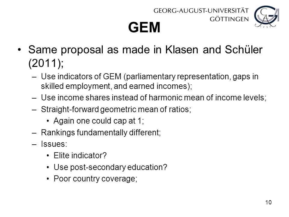 GEM Same proposal as made in Klasen and Schüler (2011); –Use indicators of GEM (parliamentary representation, gaps in skilled employment, and earned incomes); –Use income shares instead of harmonic mean of income levels; –Straight-forward geometric mean of ratios; Again one could cap at 1; –Rankings fundamentally different; –Issues: Elite indicator.