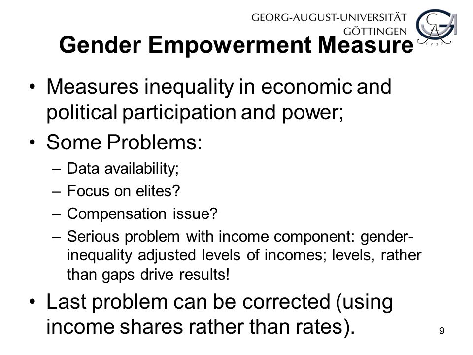 Gender Empowerment Measure Measures inequality in economic and political participation and power; Some Problems: –Data availability; –Focus on elites.