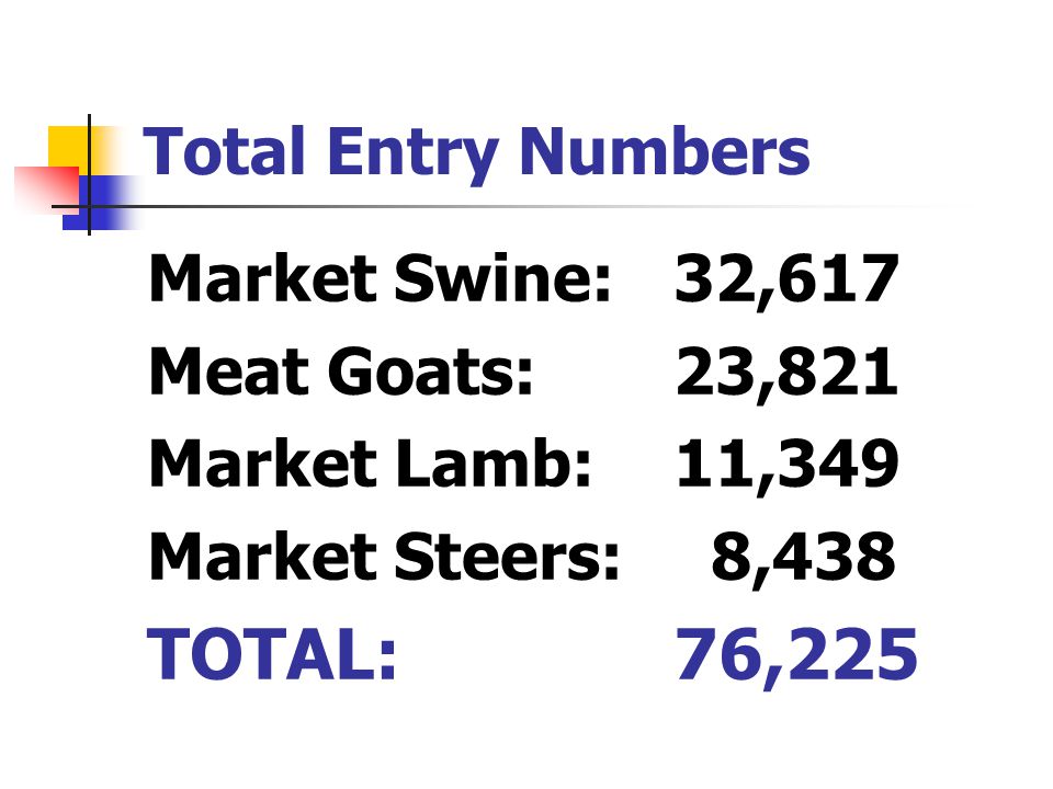 Total Entry Numbers Market Swine:32,617 Meat Goats:23,821 Market Lamb:11,349 Market Steers: 8,438 TOTAL:76,225