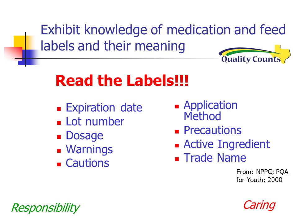 Exhibit knowledge of medication and feed labels and their meaning Expiration date Lot number Dosage Warnings Cautions Responsibility Caring Application Method Precautions Active Ingredient Trade Name Read the Labels!!.