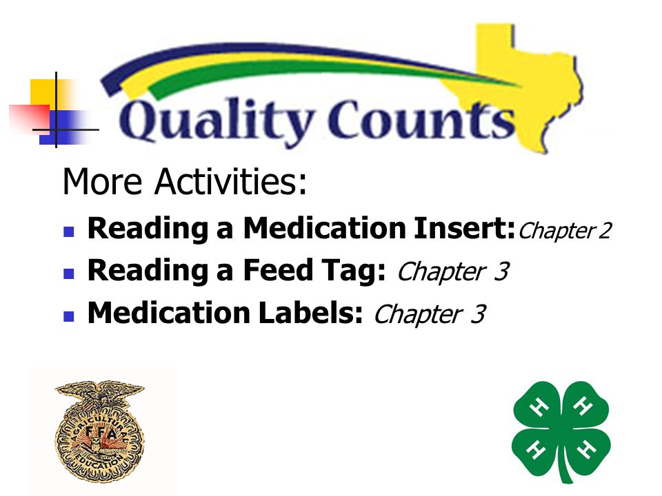 More Activities: Reading a Medication Insert: Chapter 2 Reading a Feed Tag: Chapter 3 Medication Labels: Chapter 3