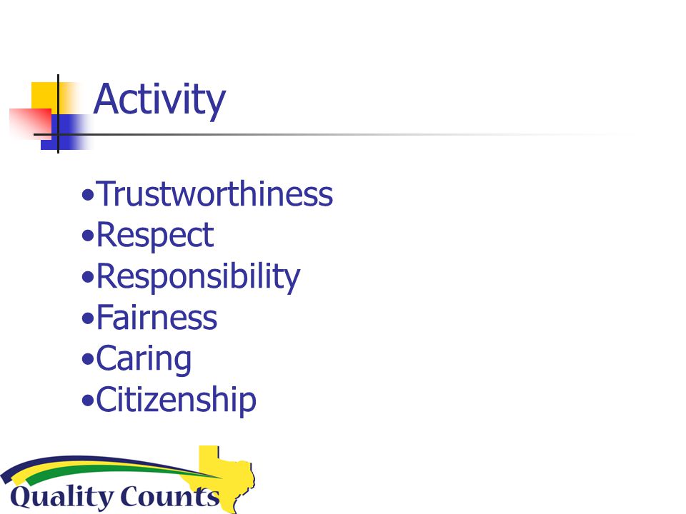 Activity Trustworthiness Respect Responsibility Fairness Caring Citizenship