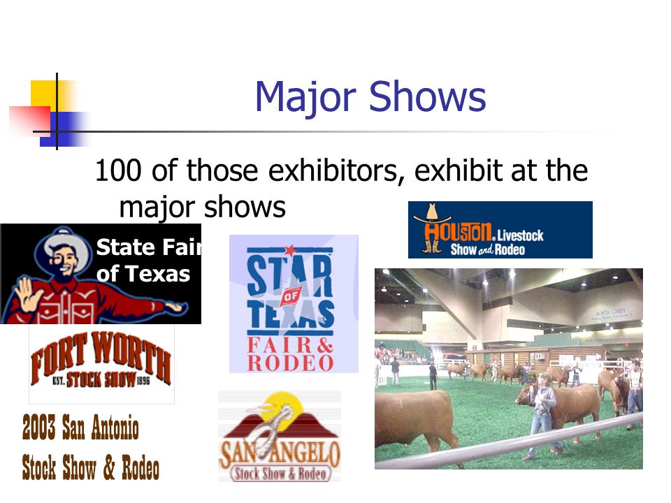Major Shows 100 of those exhibitors, exhibit at the major shows State Fair of Texas
