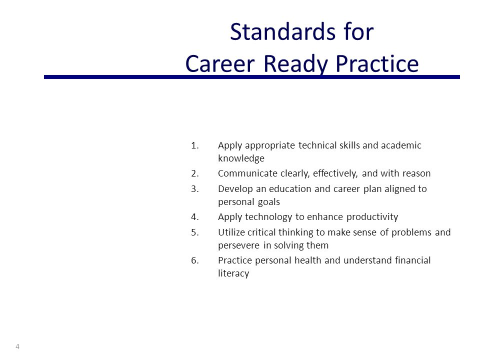 1.Apply appropriate technical skills and academic knowledge 2.Communicate clearly, effectively, and with reason 3.Develop an education and career plan aligned to personal goals 4.Apply technology to enhance productivity 5.Utilize critical thinking to make sense of problems and persevere in solving them 6.Practice personal health and understand financial literacy 4 Standards for Career Ready Practice
