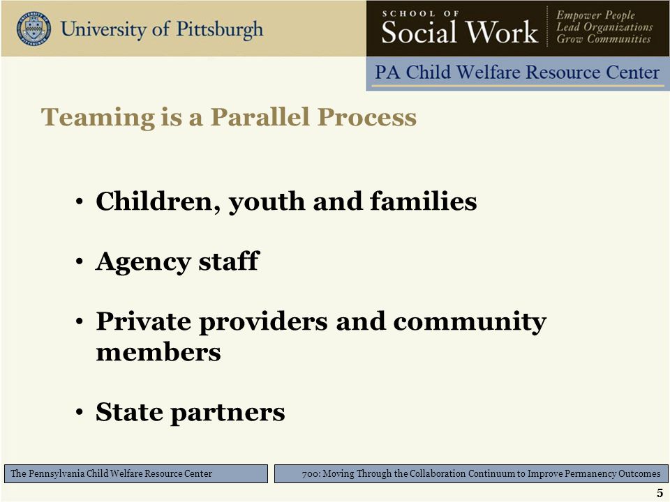 5 700: Moving Through the Collaboration Continuum to Improve Permanency Outcomes The Pennsylvania Child Welfare Resource Center Teaming is a Parallel Process Children, youth and families Agency staff Private providers and community members State partners
