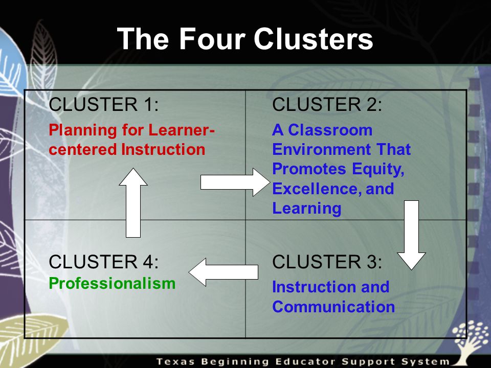 The Four Clusters CLUSTER 1: Planning for Learner- centered Instruction CLUSTER 2: A Classroom Environment That Promotes Equity, Excellence, and Learning CLUSTER 4: Professionalism CLUSTER 3: Instruction and Communication